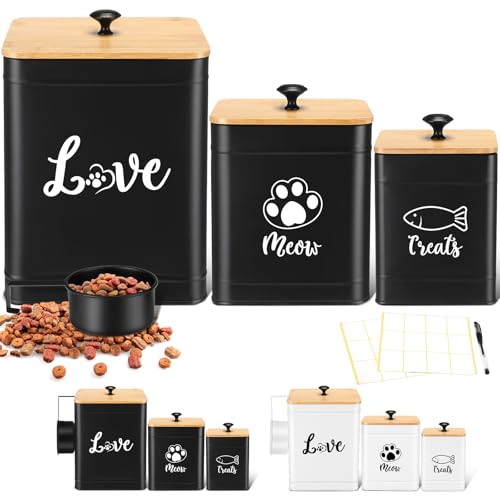 Metal Airtight Cat Food Containers Set of 3 with Bamboo Lids and Spoon 7+3+2 Lbs Cat Treat Storage Container Countertop with DIY Labels Pet Cookie Organizer Jars for Kitchen Counter (Black)