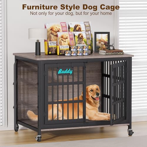 42"/41"/33" XL Dog Crate Furniture with Casters, Heavy Duty Dog Kennel Indoor for Large and Medium Dogs, Double-Doors Sturdy Dog Cage for Anxiety Dog, Decorate House as TV Stand, Bedside Table (42.1"L x 29.3"W x 31.2"H / Grey)