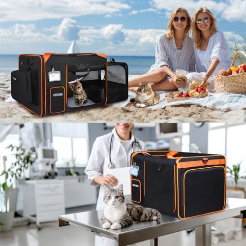 Side Expandable Extra Large Cat Carrier with Litter Box (Black)