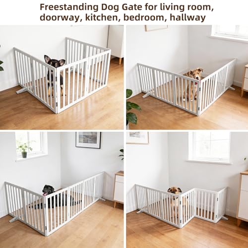 Freestanding Indoor Dog Gate for House Foldable Wood White Puppy Gate for Doorways Pet Gate for Stairs Extra Wide Pet Fence 24" Height 6 Panels (White / 【6 Panels】120''w x 24''h)