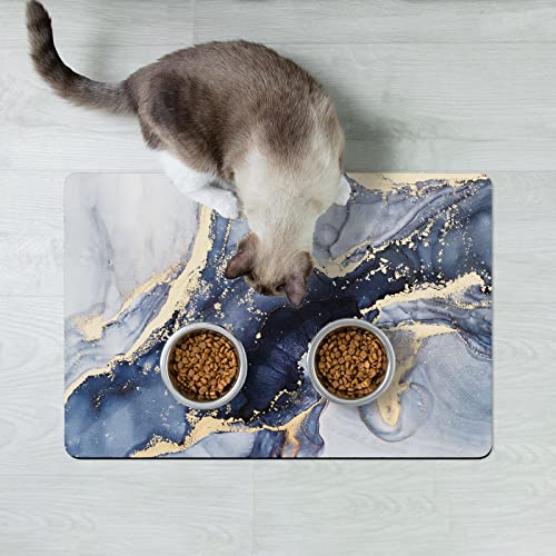 Dog Food Mat 12" x 19" Marble Absorbent Dog Cat Bowl Mat for Food and Water (Grey Gold Mable / 12"L x 19"W)