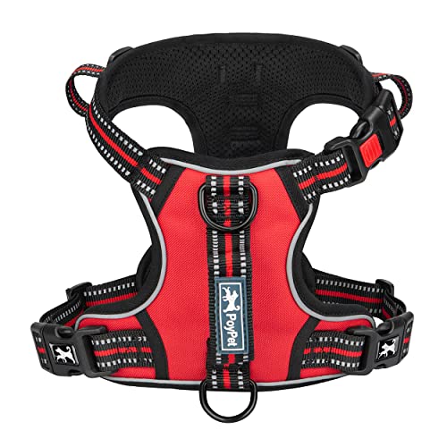 No Pull Dog Harness with 3 Leash Clips and Vertical Handle (Medium / Red)