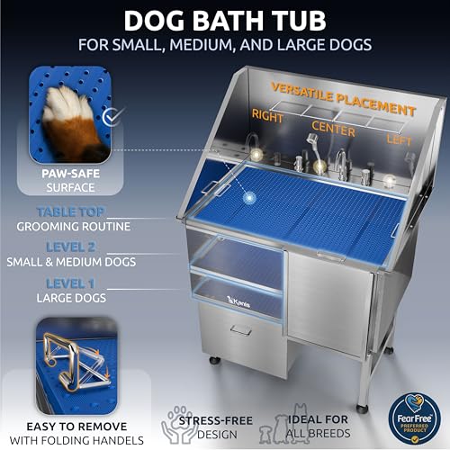 Professional Dog Washing Station 304 Stainless Steel Pet Wash Sink (Silver, Right Ramp, 1 Drawer / 40 Inches)