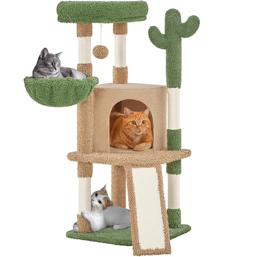 42in Brown Cactus Cat Tree Tower with Scratching Posts and Condo (Brown/Green)