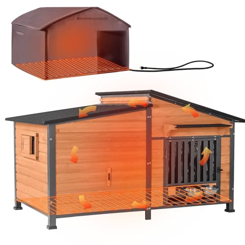 Extra Large 60" Heated Dog House Outdoor Dog Kennel with Safe Heated Pad