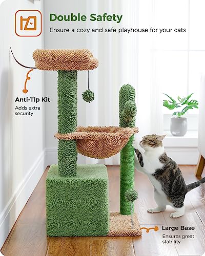 4-in-1 Cactus Cat Tree for Kittens & Small Cats, 33in Green Tower (Green / L(15.8"L x 15.8"W x 33"H))