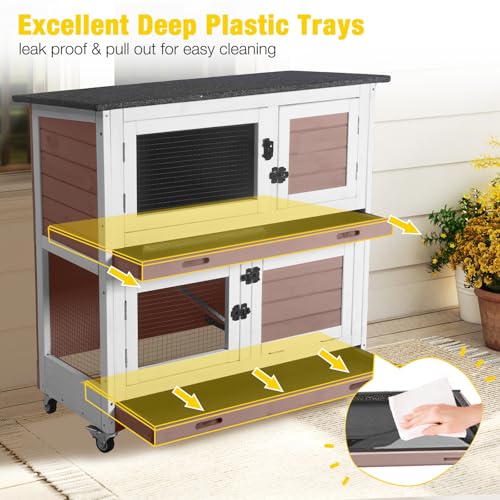 Rabbit Hutch Indoor Bunny Cage Outdoor 2 Story Pet House Guinea Pig Cage on Wheels 36" (Brown / 36.02"L x 17.72"W x 36.22"H)