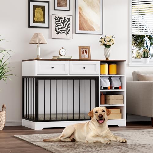 47" Medium Dog Crate Furniture with Storage (White / 47.2"L x 23.6"W x 33.5"H)