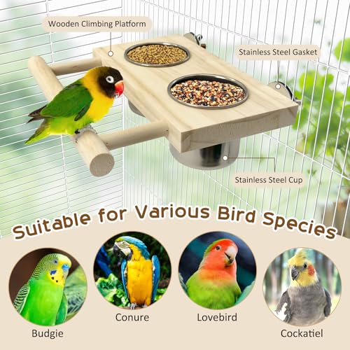 Bird Feeding Dish Cups with Wooden Platform Hanging Stainless Steel Parrot Cage Feeder Bowl Wood Perch Stand for Parakeet Cockatiels Lovebirds Budgie (Small)