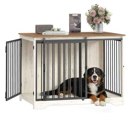 43.3" XL Dog Crate Furniture Indoor Dog Kennel with Barn Door (White Brown / 43.3"L x 27.5"W x 31.8"H)