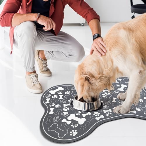 Dog & Cat Food Mat Bone Shaped Pet Feeding Mat Quick Absorb Water Bowl Placemat with Rubber Backing Indoor Floor Stain Resistant Pet Accessory Supplies (Dark Gray / 16"L x 24"W)