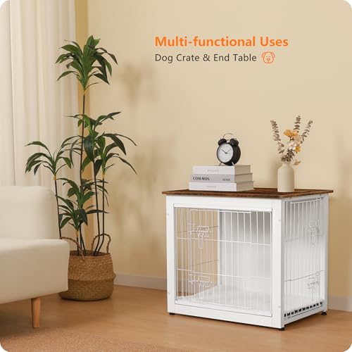 27" Dog Crate Furniture (White+Rustic Brown / 27.2"L x 20.1"W x 23.6"H)