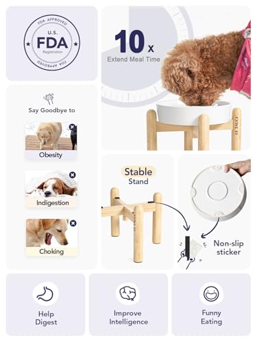 Ceramic Slow Feeder Dog Bowls Elevated (Angle White+Stand / L-3 Cups)