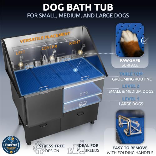 Professional Dog Washing Station 304 Stainless Steel Pet Wash Sink (Black, Left Ramp, 2 Drawer / 50 Inches)