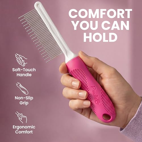 Poodle Pet Detangling Pet Comb with Long & Short Stainless Steel Teeth for Removing Matted Fur (Pink / Detangling Pet Comb)
