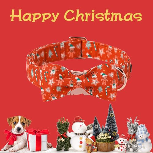 Christmas Day Dog Collar with Bow Red Gingerbred Cotton Puppy Collars for Small Medium Large Dogs (Extra Small / Green hat gingerbread bow)