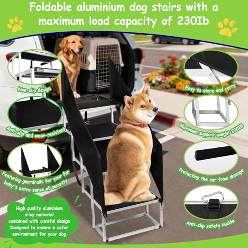 Dog Stairs with 𝗚𝘂𝗮𝗿𝗱𝗿𝗮𝗶𝗹 for Large Dogs (4-Steps Extra-Wide with a Guardrail / 20" W x 34-36" H)