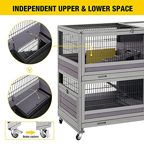 Rabbit Hutch Indoor Outdoor Bunny Hutch Pull Out Tray Guinea Pig Cage with Bottom Wire (Gery)