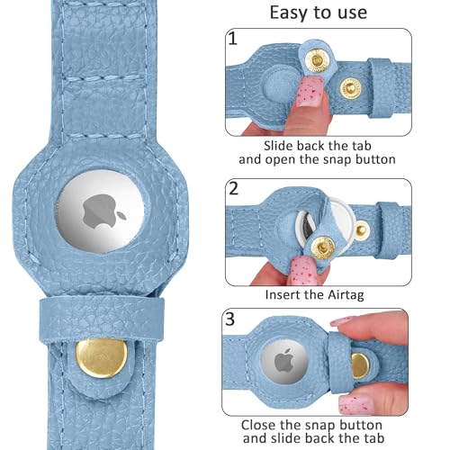Leather Airtag Dog Collar (Cornflower / M, 14"-18" Neck Fit)
