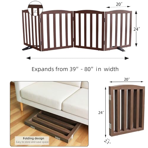 Foldable Freestanding Indoor Dog Gate for House Wood Long Pet Gates Dog Fence for Stairs Puppy Gates for Hallways (Brown / 【4 Panels】80''w X 24''h)