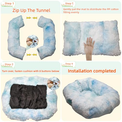 Extra Large Cat Tunnel Bed Plush Cat Cave for Indoor Cats (Azure Blue)