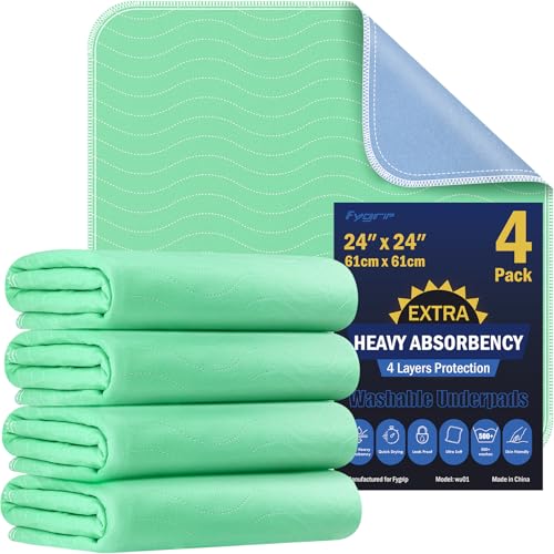 4 Pack 24” x 24” Extra Heavy Absorbency Washable Underpads Bed Pads (4 Pack - 24" x 24")