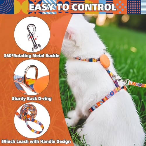 Adjustable Cat Harness and Leash Set Escape Proof Kitten Strap Collar for Walking Travel (Medium / Orange(Geometry))