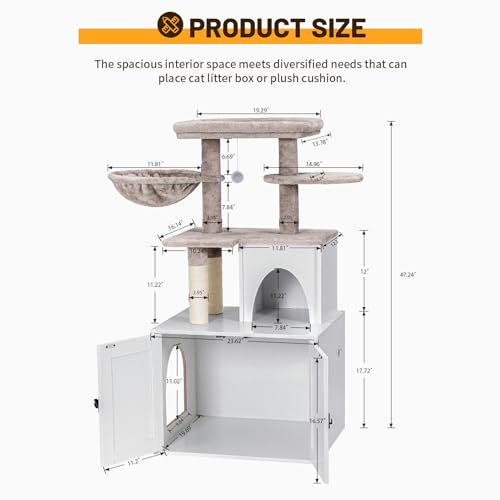 Cat Litter Box Enclosure with Cat Tree Tower and Condo (White)