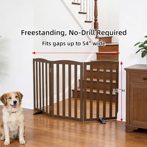 Foldable Freestanding Indoor Dog Gate for House Wood Long Pet Gates Dog Fence for Stairs Puppy Gates for Hallways (Brown / 【3 Panels】60''w X 32''h)