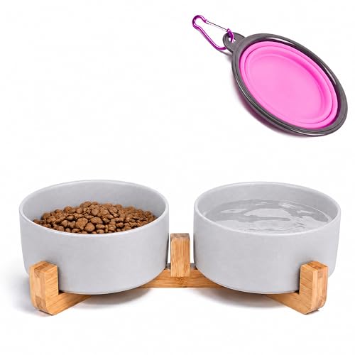 Ceramic Dog Bowl Set with Wood Stand (Grey / 400ML*2)
