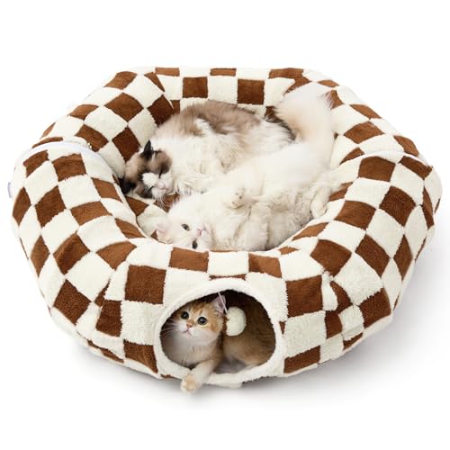 Lesure Donut Cute Jacquard Large Cat Tunnel Bed Kitten Toys for Dog Bunny (large (39.5"L x 39.5"W x 10"H) / Brown Checks)
