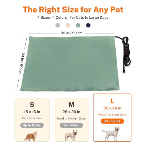 Large Pet Heating Pad for Dogs & Cats (Sage Green / 35.0"L x 24.0"W x 0.6"Th)