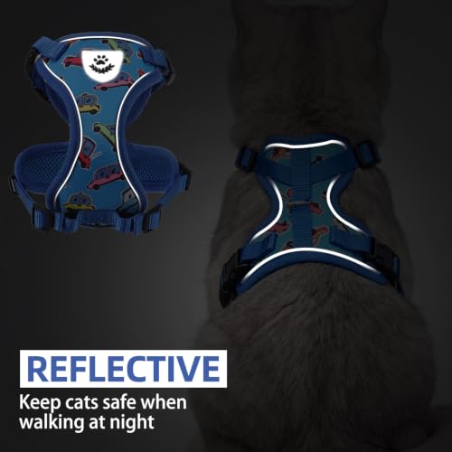 Cat Harness and Leash Set Escape Proof Reflective Cat Walking Harness Adjustable Soft Breathable Mesh Vest for Small Pets (S (NECK 9.5"-11", CHEST 13"-16") / Blue(Cars))