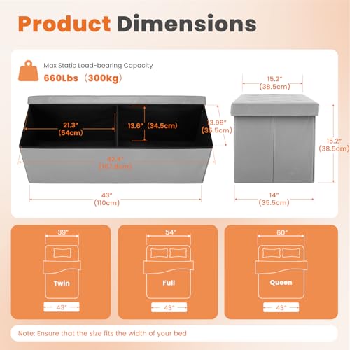 43 Inch Storage Ottoman Bench (Grey / 15.2"D x 43"W x 15.2"H)