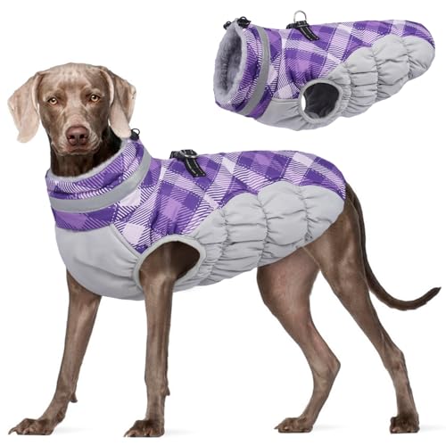 Dog Cold Weather Coats Reflective Dog Warm Jacket with Harness (Purple Plaid / XXL(chest:35in))