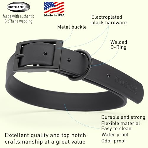 Biothane Waterproof Dog Collar Strong Coated Nylon Webbing with Black Hardware Odor (W1" x L18-22" / Black)