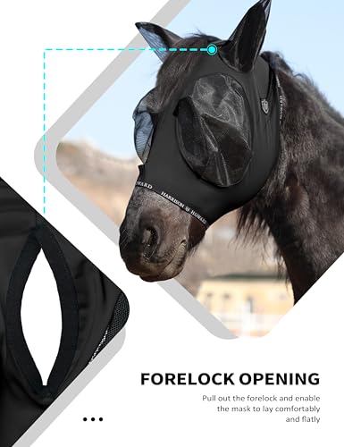 Horse Fly Mask with Forelock Opening Stretch Breathable and Comfortable for Horses UV (Piano Black / L)