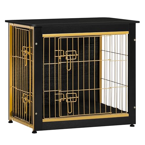 27" Dog Crate Furniture (Black+Gold / 27.2"L x 20.1"W x 23.6"H)