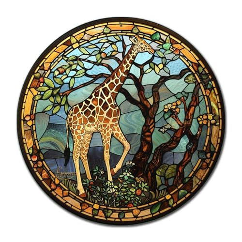 Metal Sign Tin Sign Circular Stained Glass Giraffe Bathroom Signs for Home for Gift 12×12 Inches (12×12 Inches / Giraffe-1)