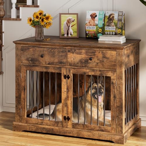 Large Dog Crate Furniture with 2 Drawers (Dark Brown)