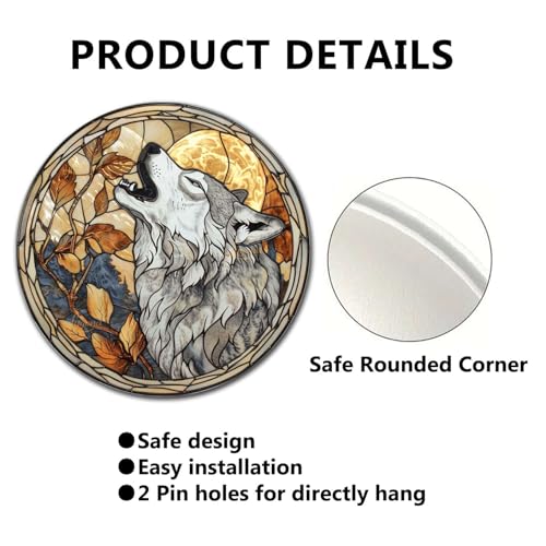 Metal Sign Tin Sign Circular Stained Glass Gray Wolf Bathroom Signs for Home for Club 12×12 Inches (12×12 Inches / Gray Wolf-2)