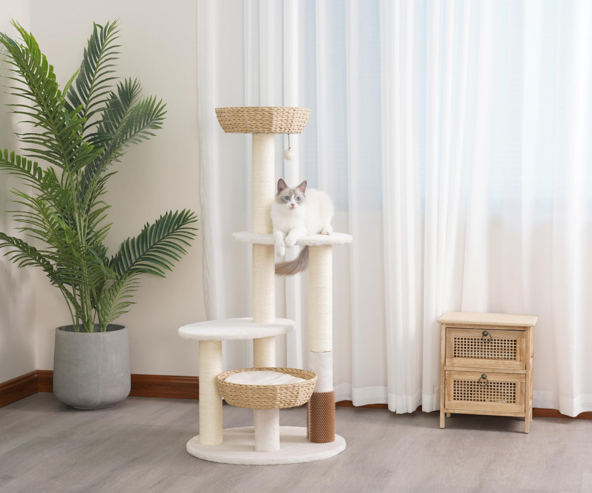Handwoven Cat Tree with 2 Basket Beds & Sisal Scratching Posts (Beige)