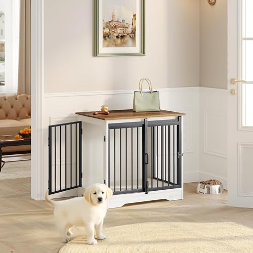 27.2" S Dog Crate Furniture Indoor Dog Kennel with Barn Door (White Brown / 27.2"L x 19.3"W x 25.4"H)