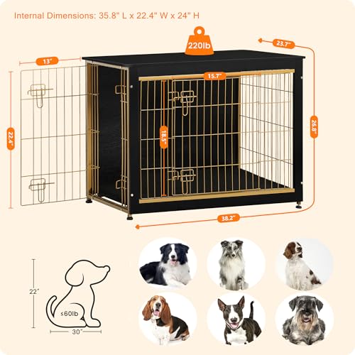 38.5" XL Dog Crate Furniture with Cushion (Black+Gold / 38.5"L x 25.6"W x 26.8"H)