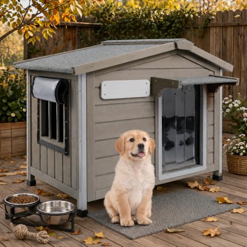 Outdoor Dog House Wooden Dog Kennel for Small Dogs (Grey / 30.1" D x 18.3" W x 24" H)