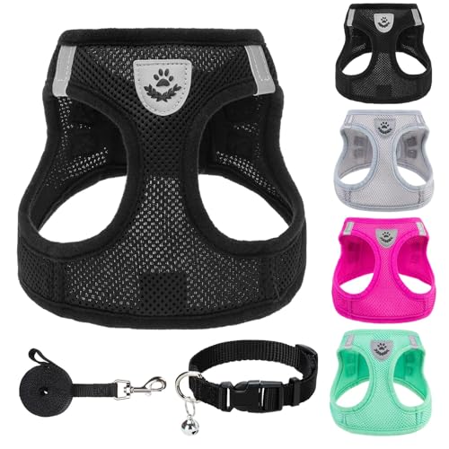 Dog Harness Collar and Leash Set No Pull for Small Medium Sized (Solid Black / XXS (CHEST 11.5"-13"))