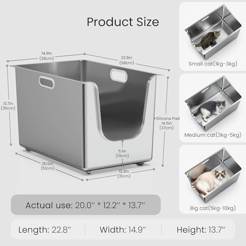 Stainless Steel Litter Box 13.7'' High Sides (SILVER / 20"L x 12.2"W x 13.7"H)