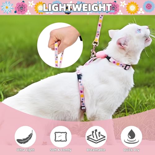 Adjustable Cat Harness and Leash Set Escape Proof Kitten Strap Collar for Walking Travel (Medium / Pink(Floral))