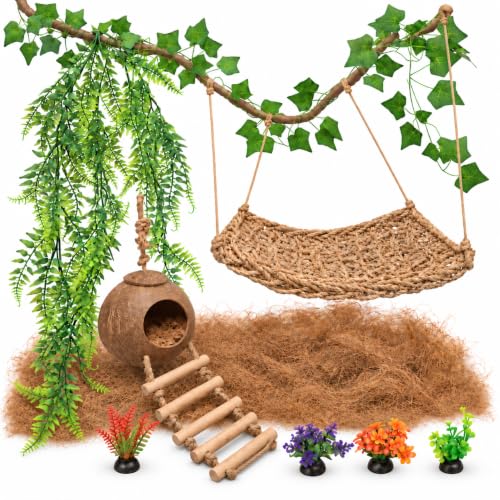 Leopard Gecko Tank Accessories. Reptile Hammock Vines Plants with Coconut Shell Ladder Hideout Hermit Crab Decor for Bearded Dragon Lizard Chameleon Crested Gecko Tortoise Snake (Small Standard Set)