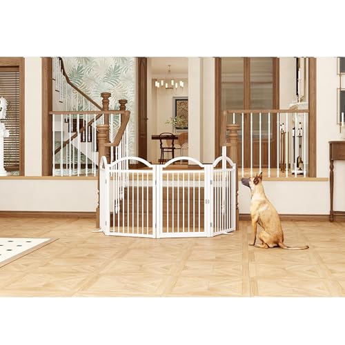 Metal No Assembly Freestanding Dog Gate with Door Walk Through (White C / 4 panels 96"W*32"H HYG)
